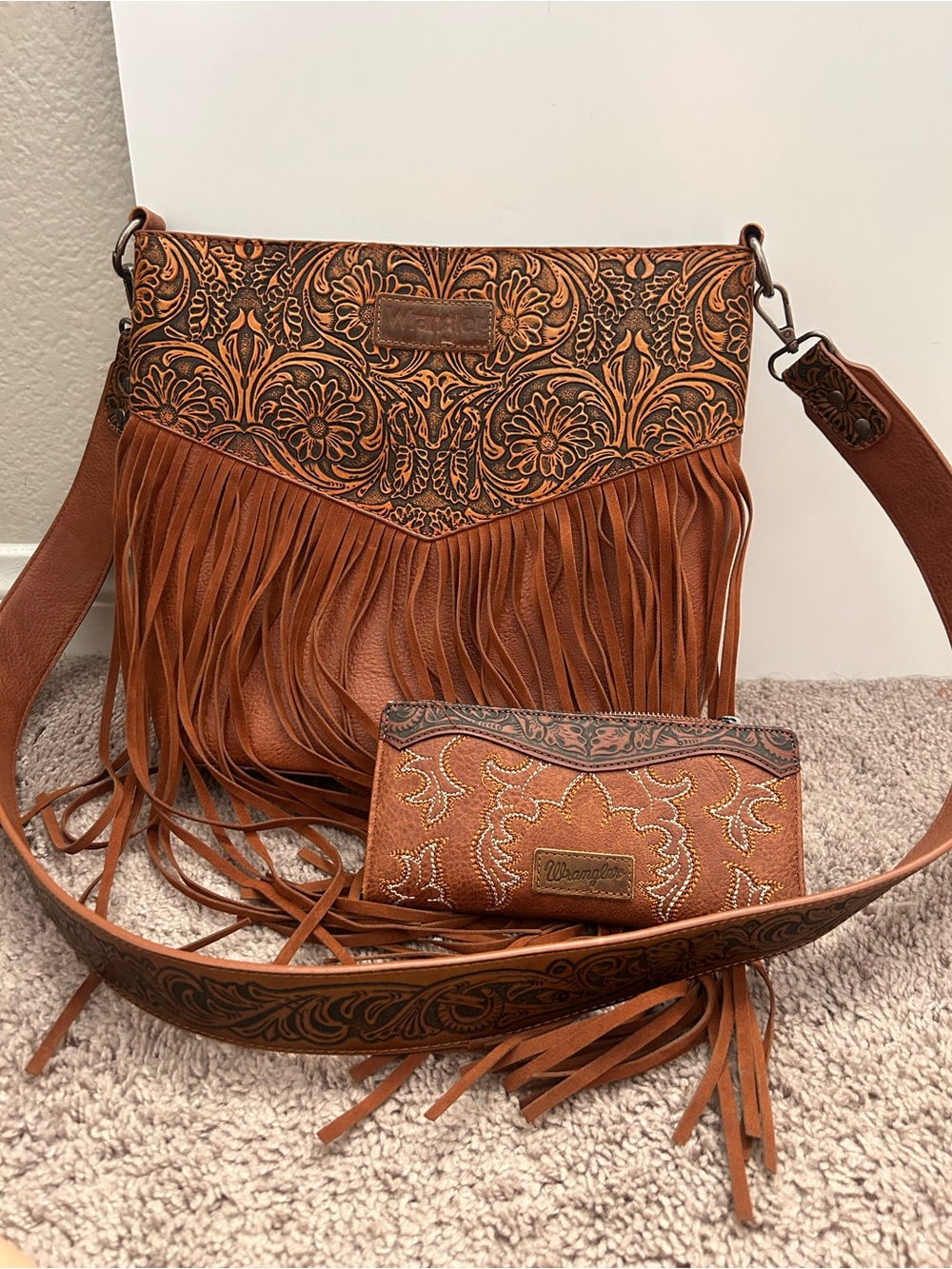 Wrangler Tan Tooled Leather Fringe Shoulder Bag with Matching Wallet